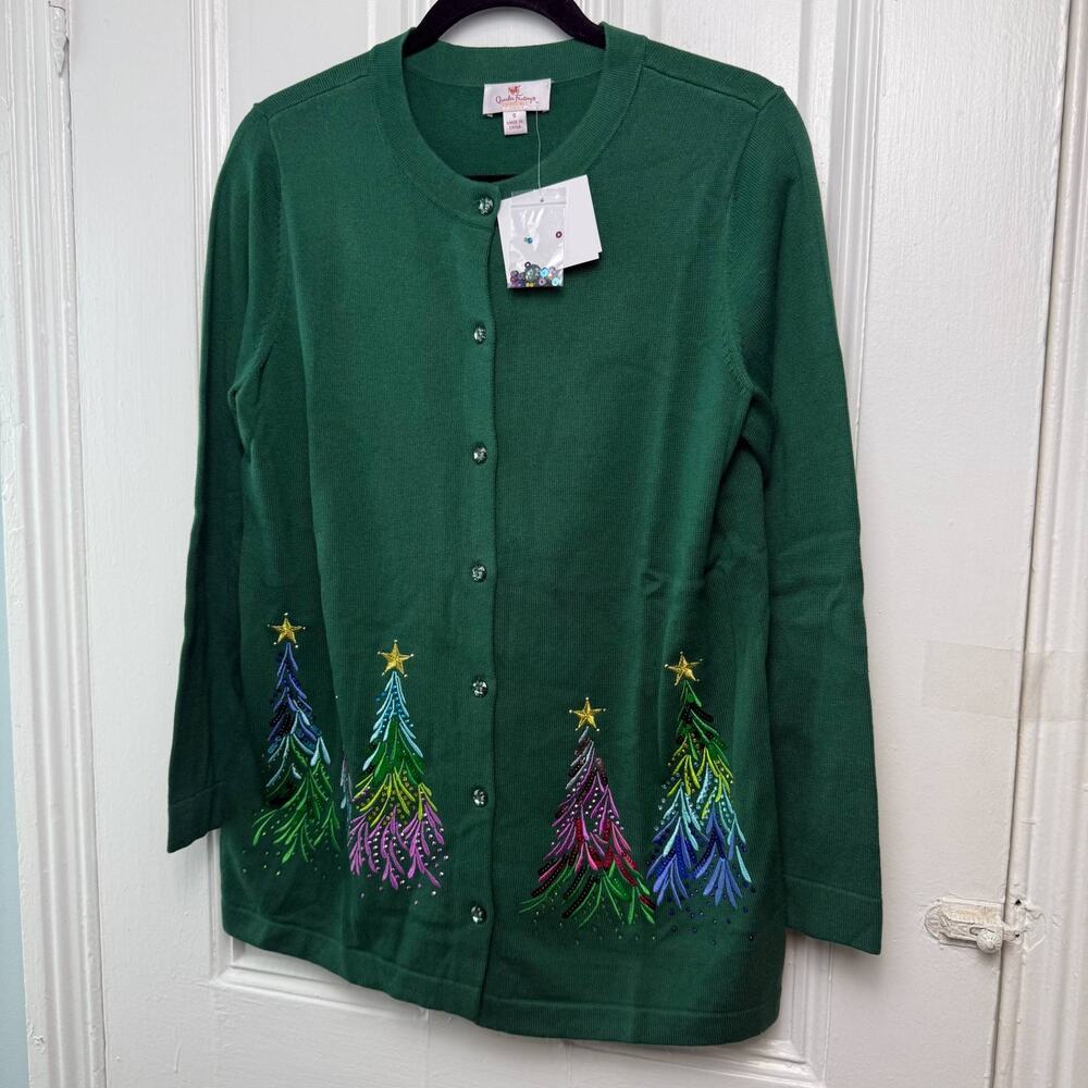 NWT Quacker Factory Womens Small Green Christmas Tree Cardigan Sequin